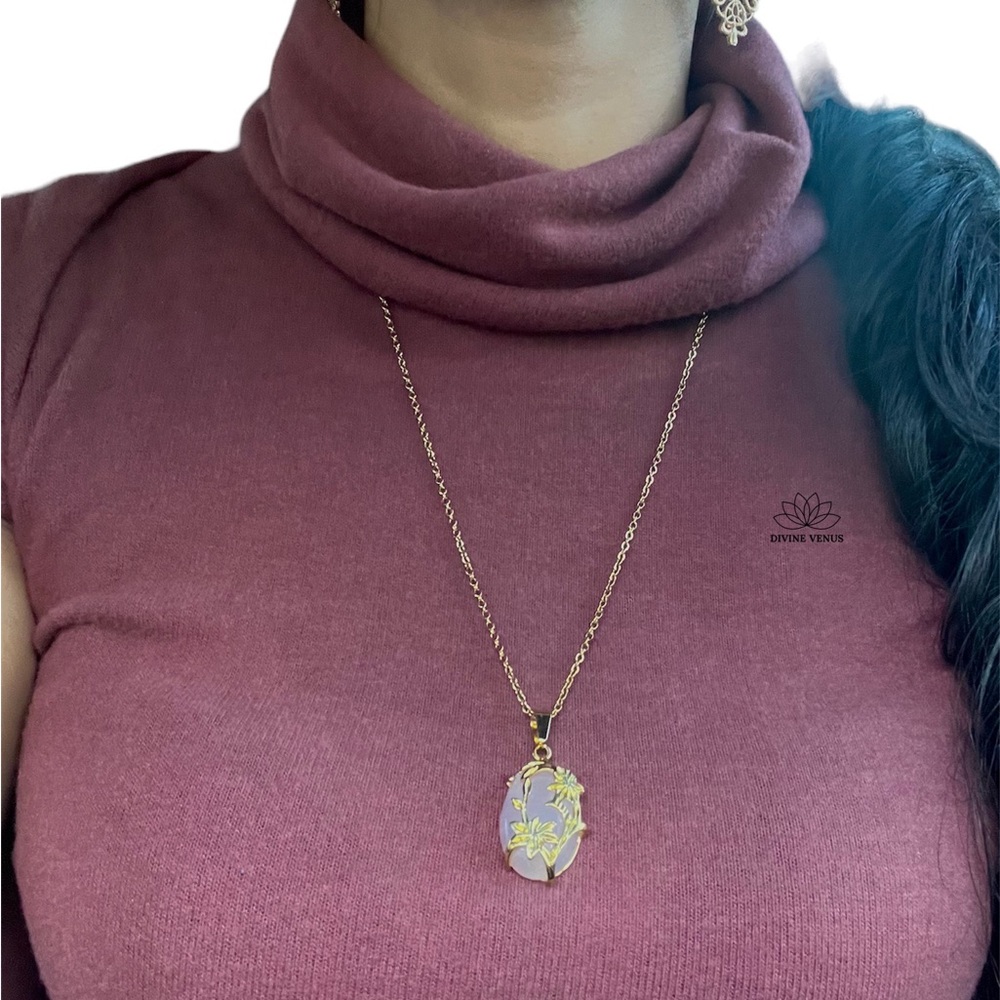 Rose Quartz Flower Wrapped Oval Necklace | The Love Stone